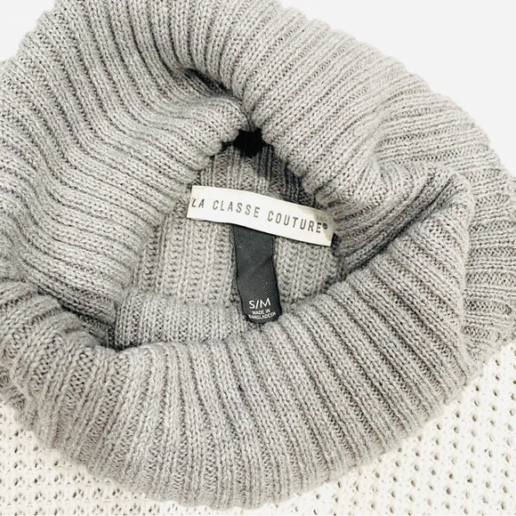 NWT La Classe Couture Grey/White WaffleKnit Oversized Pullover Cowl Neck Sweater - Picture 2 of 6